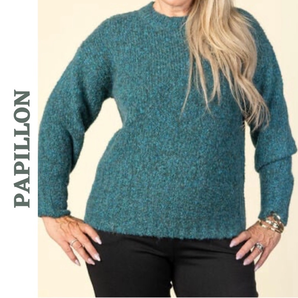 Papillon Teal Rib Trim Knit Sweater Medium Cozy Pullover